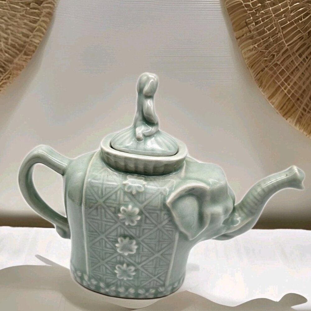 Vintage Celadon Green Teapot Girl Riding Elephant Teapot Pier 1 Boho Asian Lucky